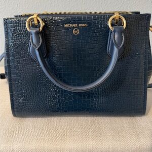 Michael Kors Dark Blue Crocodile Embossed Satchel